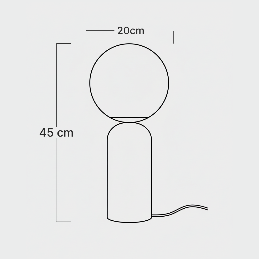 Measurement chart of a lamp with dimensions labeled on a white background