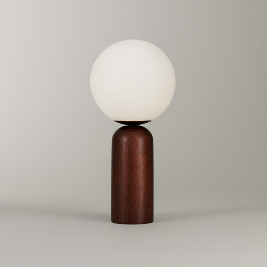 Full Moon table lamp with plastic globe and wooden base