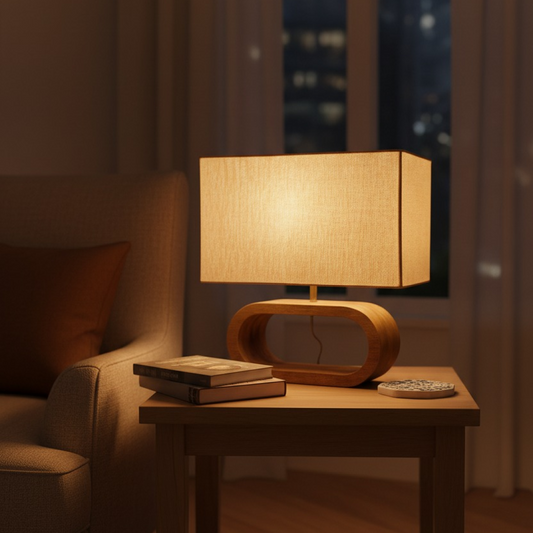 Scandinavian Table lamp on a wooden table with books in a dimly lit room